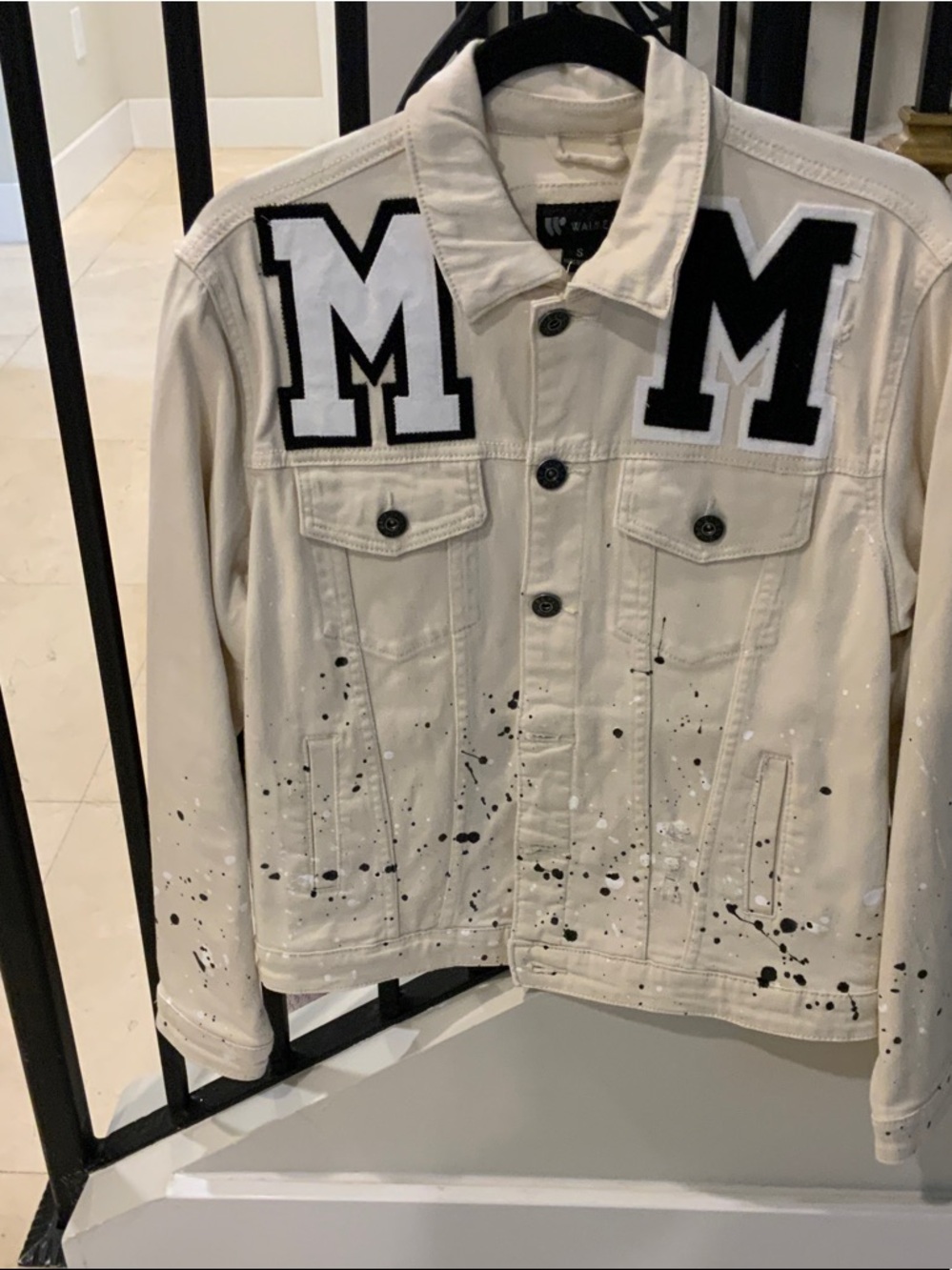 Cream Denim Paint-Splatter Jacket with Black 'M' Patches